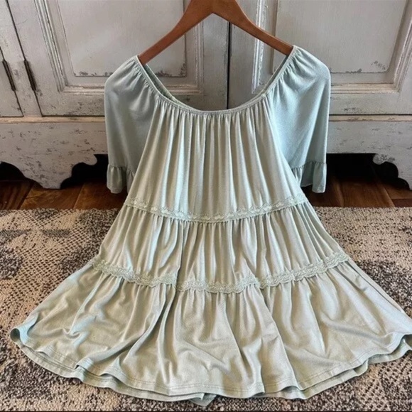 S New Teal Ruffled Sleeve Bohemian Off Shoulder Blouse Top Women's Size SMALL - Picture 2 of 2